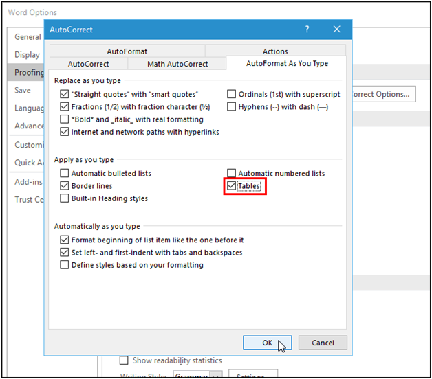 how to create tables in MS Word using keyboard